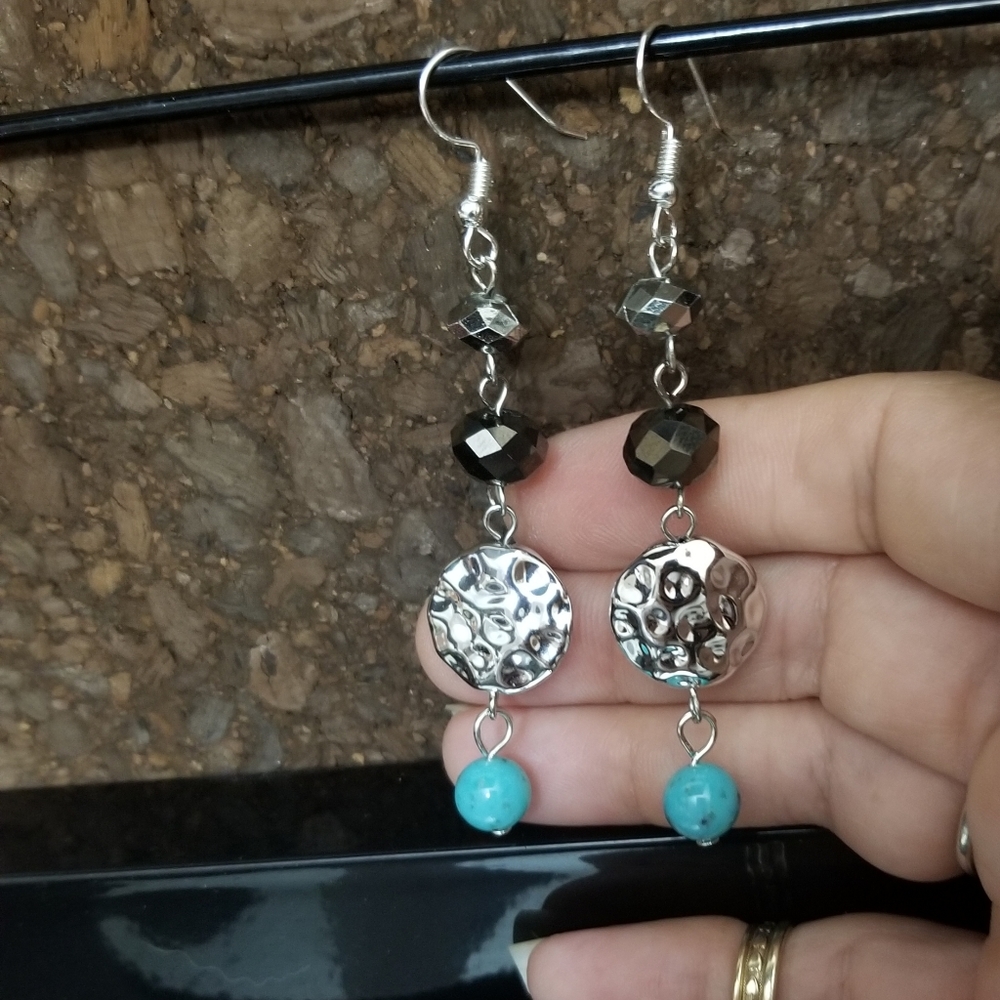 Lovely Dangle Silver Earrings With Turquoise Tone and Assorted Beads